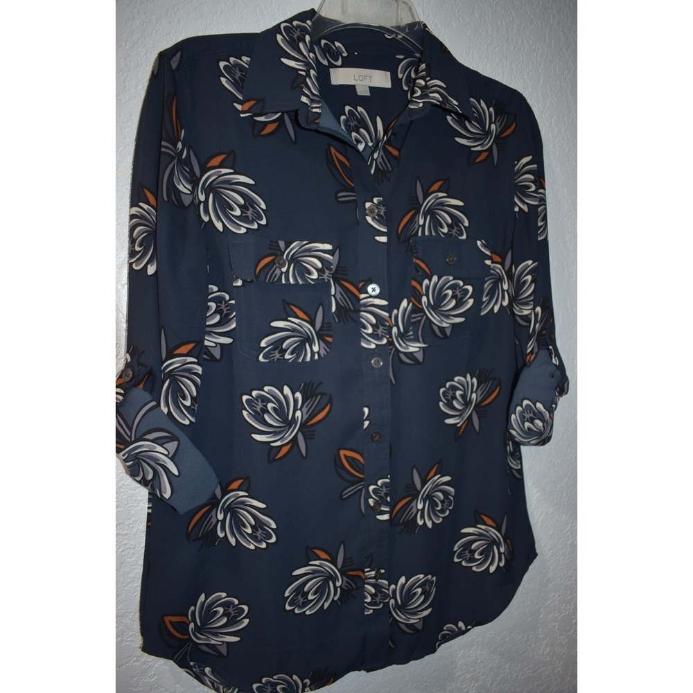 Ann Taylor LOFT XS Button Front Blouse Long Sleeve Roll Tab Navy Floral Easywear